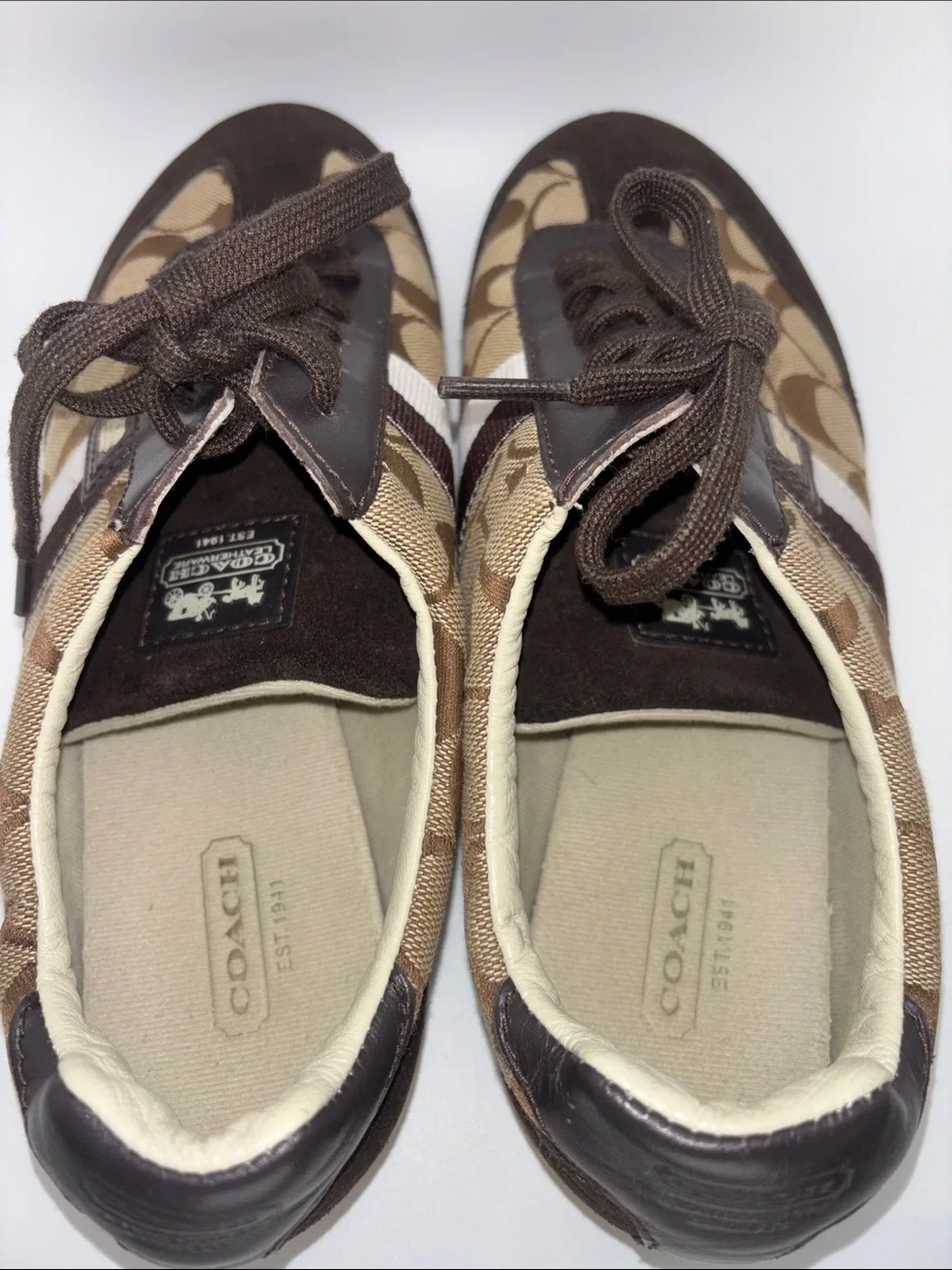 Coach Brown & Cream Monogram Lace-Up Sneakers